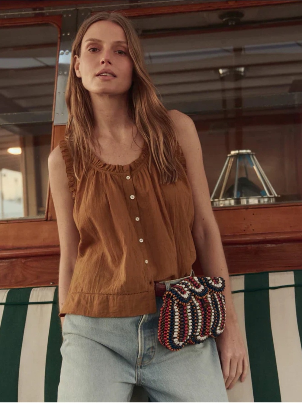 THE GREAT. Sleeveless Button-Front Ruffle Trim Top, Tank Top - Warm Caramel - Picture 4 of 12